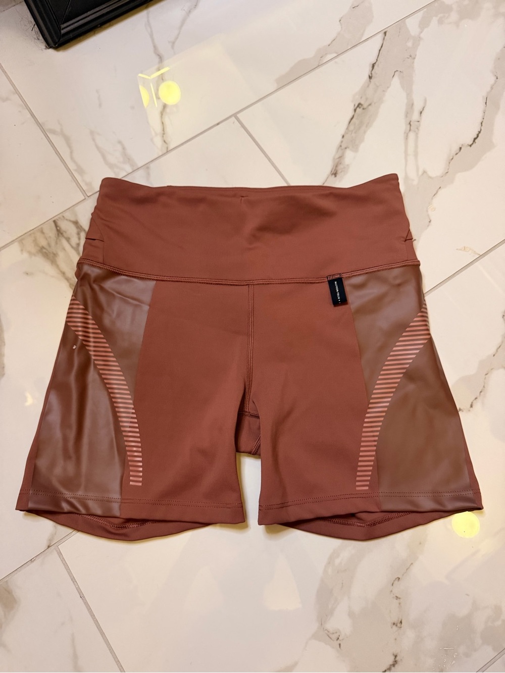 Athleta Rust-Brown High-Rise Bike Shorts with Sheen Panels